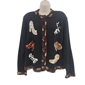 VTG‎ Jack B Quick Cardigan Sweater Women L Animal Print Shoe Applique Novelty